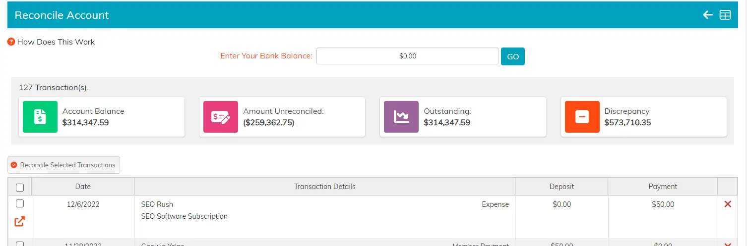 Argenta bank reconcile integration screen